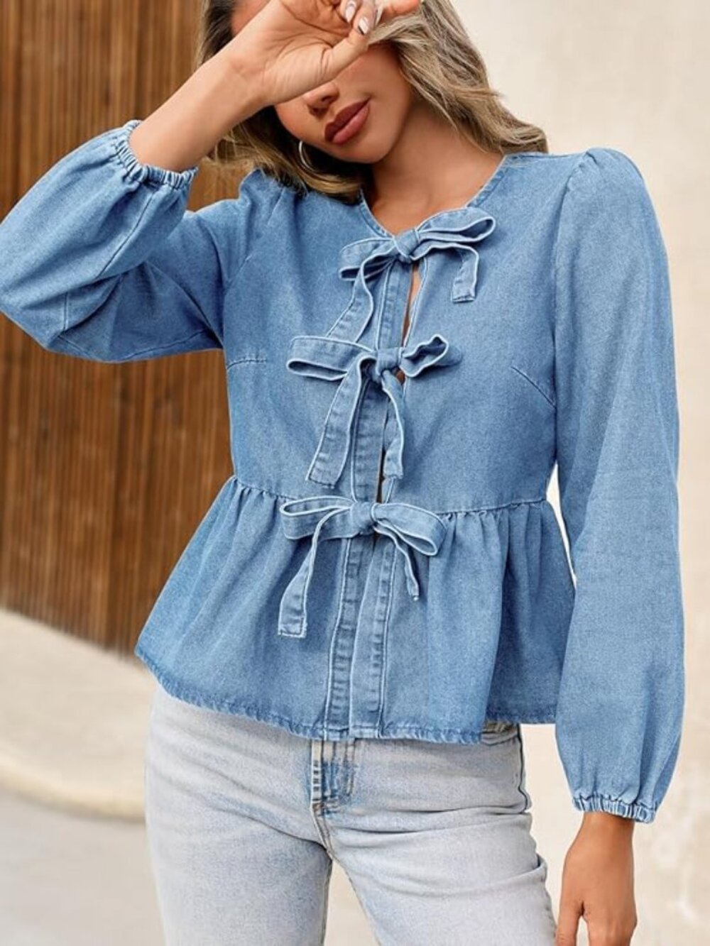 New - Women's Denim Tie Front Tops Baby doll Peplum Cute Blouse Puff Long Sleeve